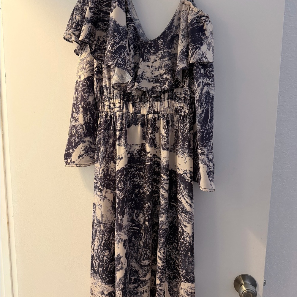 Elegant Blue and Cream Ruffle Dress